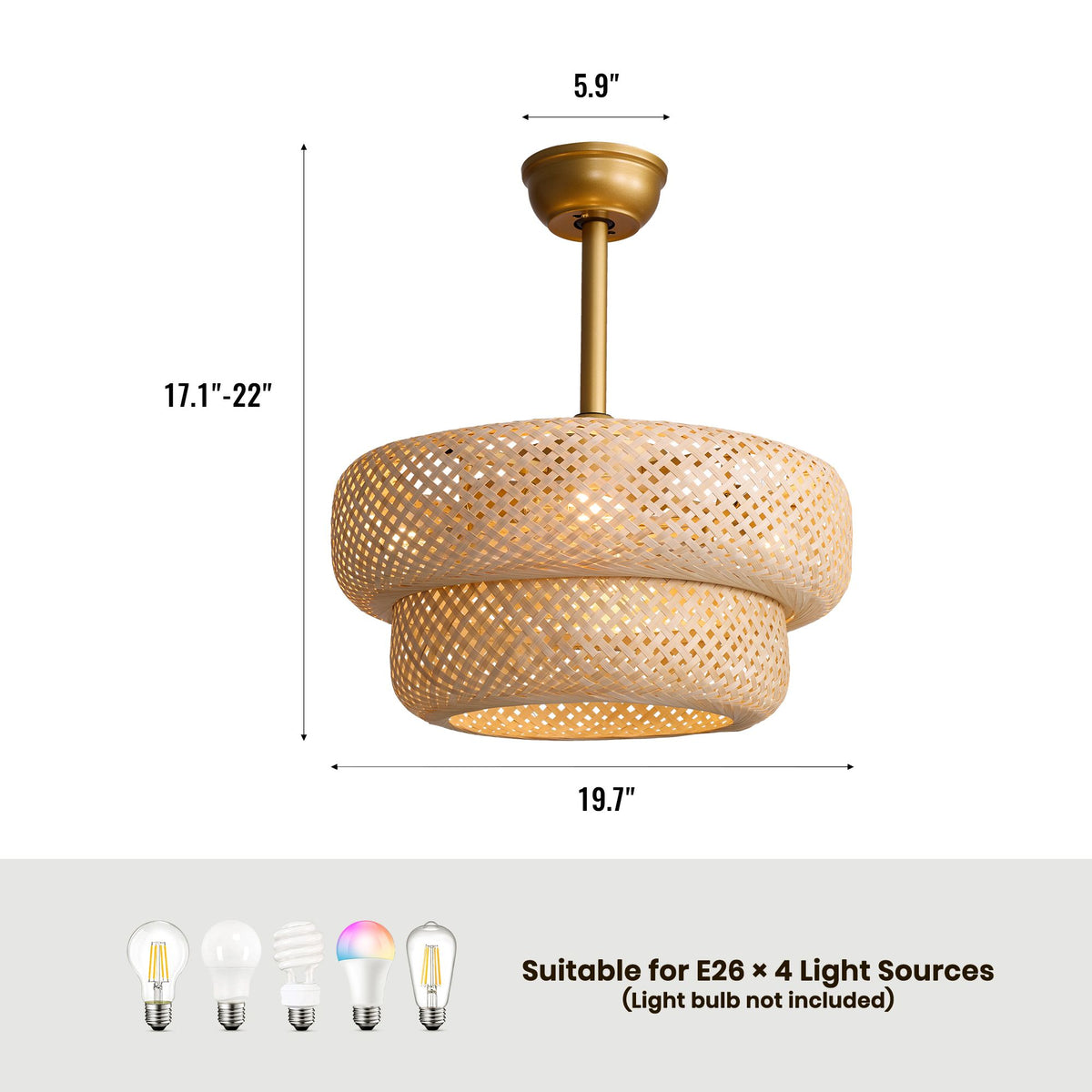 19.7" farmhouse rustic fandelier dimensions — 19.7" width, 17.1"-22" adjustable height, 5.9" canopy, suitable for E26 x 4 light sources (bulbs not included), downrod rattan cage ceiling fan size chart | Sofary Lighting