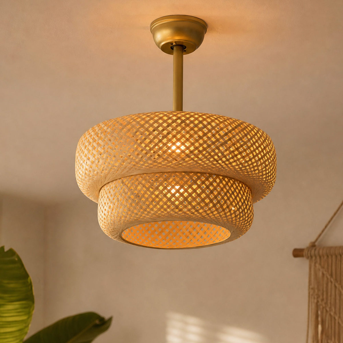 19.7" Farmhouse Caged Ceiling Fan with Light — rustic downrod fandelier, woven rattan double-layer shade, brass gold stem, warm ambient glow, boho chandelier fan | Sofary Lighting