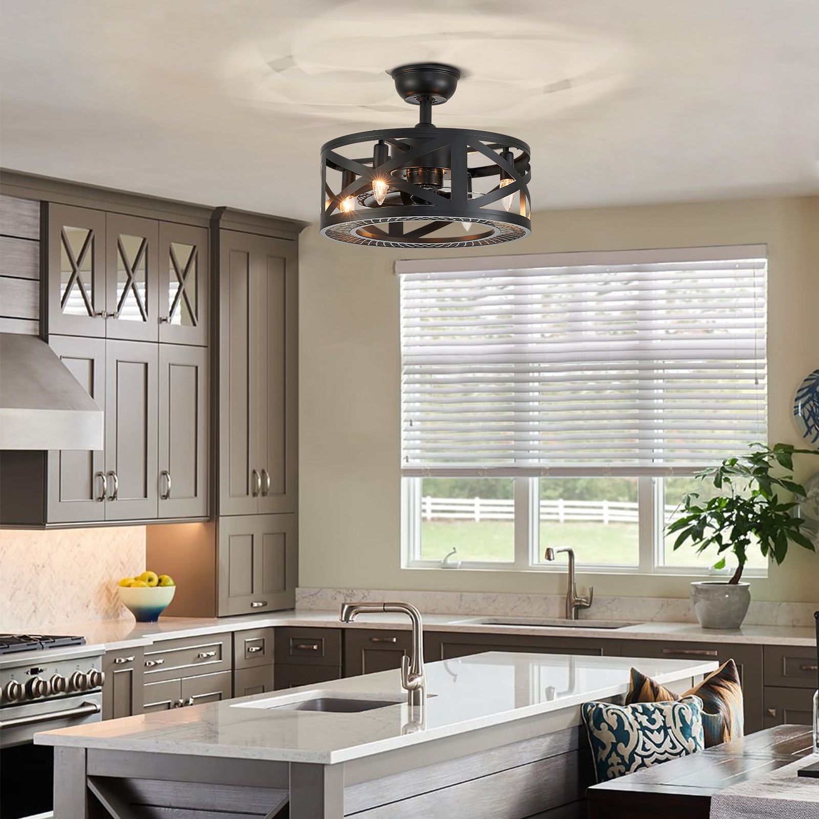Modern Industrial Caged Ceiling Fan with Light