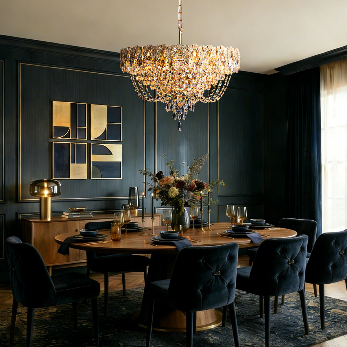 Auremont Classic Luxury Gold Crystal Cascading Round Chandelier