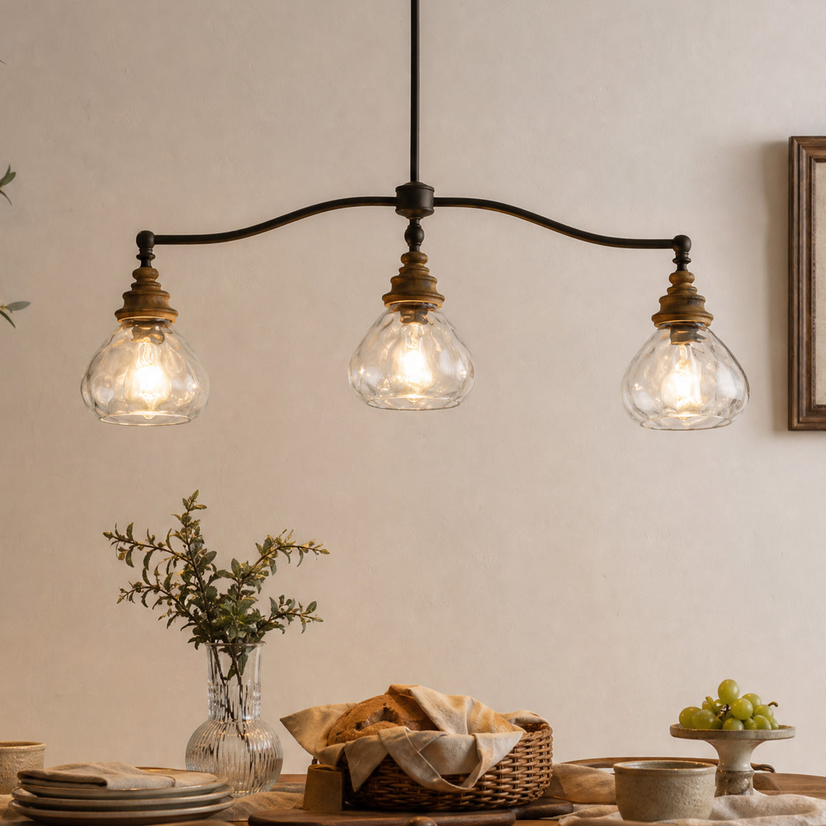 Brinley Vintage Farmhouse Bronze Clear Ripple Glass 3-Light Linear Chandelier