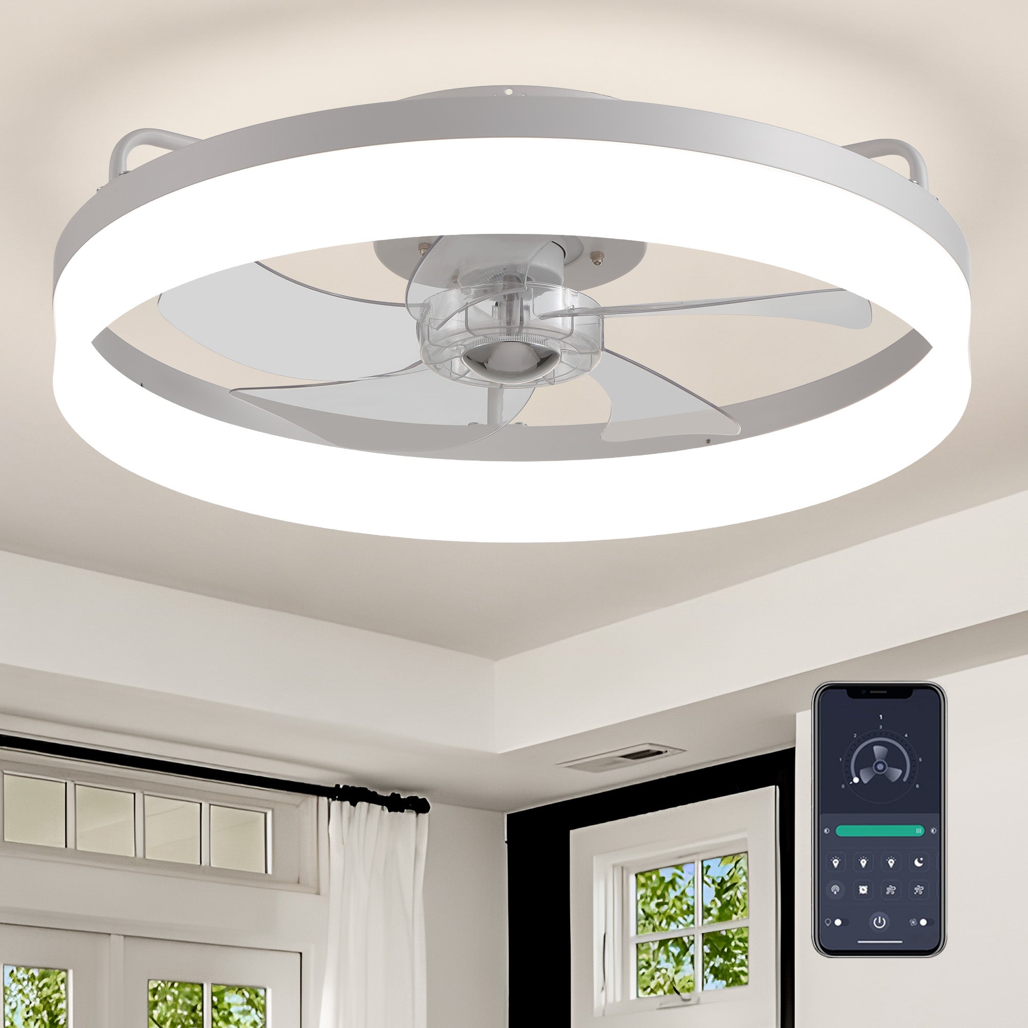 Aeros 19.69" Modern White Low Profile Caged Ceiling Fan with LED Light
