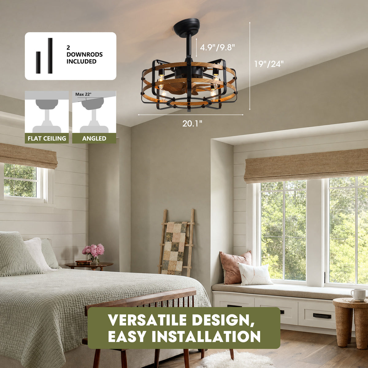 20.1" Farmhouse Wood Grain Caged Ceiling Fan dimensions — 20.1" diameter, 19"/24" height with 4.9"/9.8" downrods included, flat ceiling and angled max 22°, versatile design easy installation, bedroom scene | Sofary Lighting
