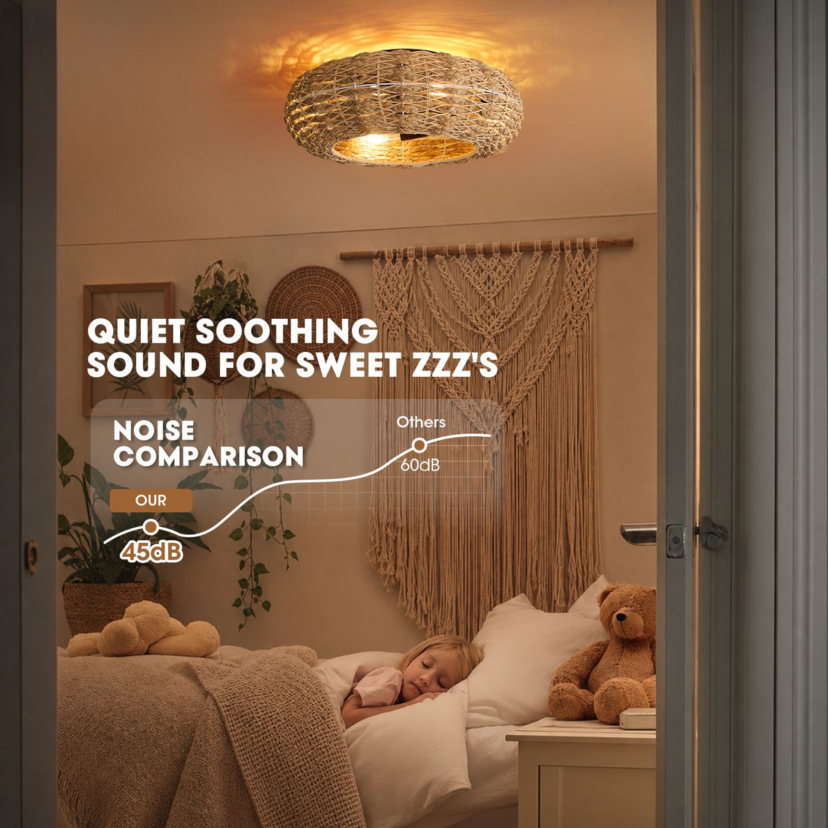 Quiet boho rattan ceiling fan — 45dB noise level, soothing sound for sleep, quieter than others (60dB), bedroom friendly | Sofary Lighting