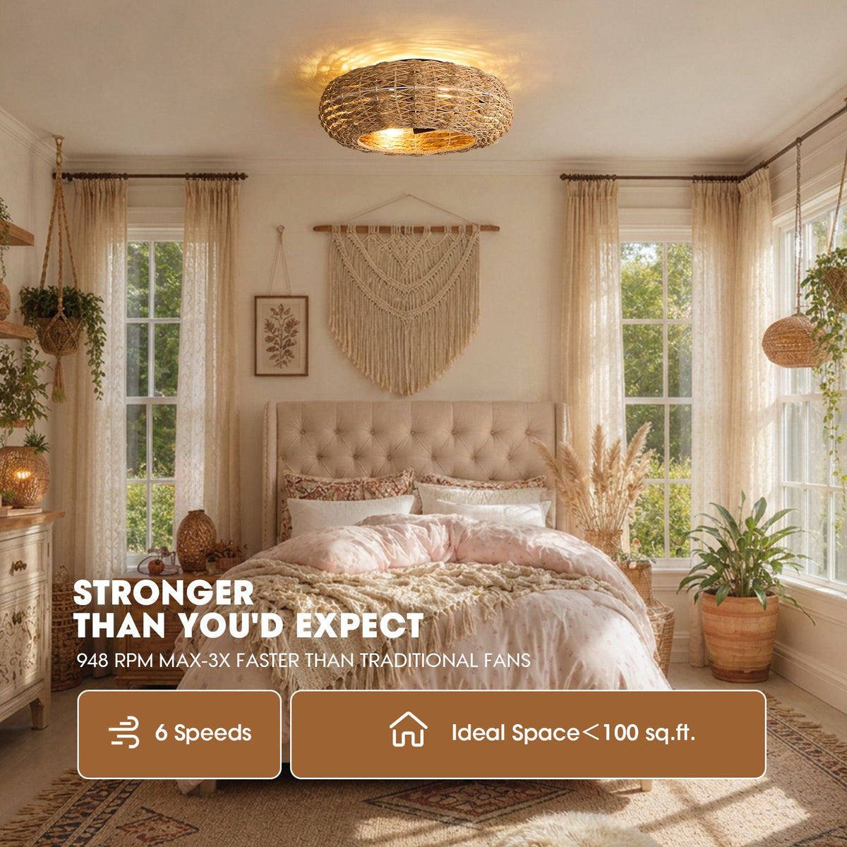 Boho ceiling fan 6 speeds — 948 RPM max, 3x faster than traditional fans, ideal space <100 sq.ft, powerful airflow | Sofary Lighting