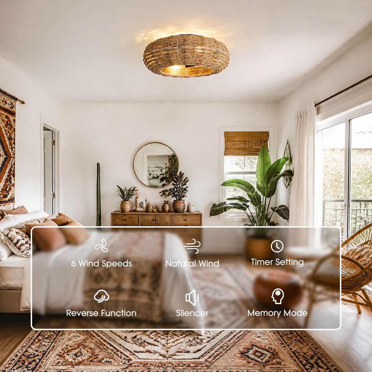 Boho rattan ceiling fan features — 6 wind speeds, natural wind, timer setting, reverse function, silencer, memory mode, smart flush mount fan | Sofary Lighting