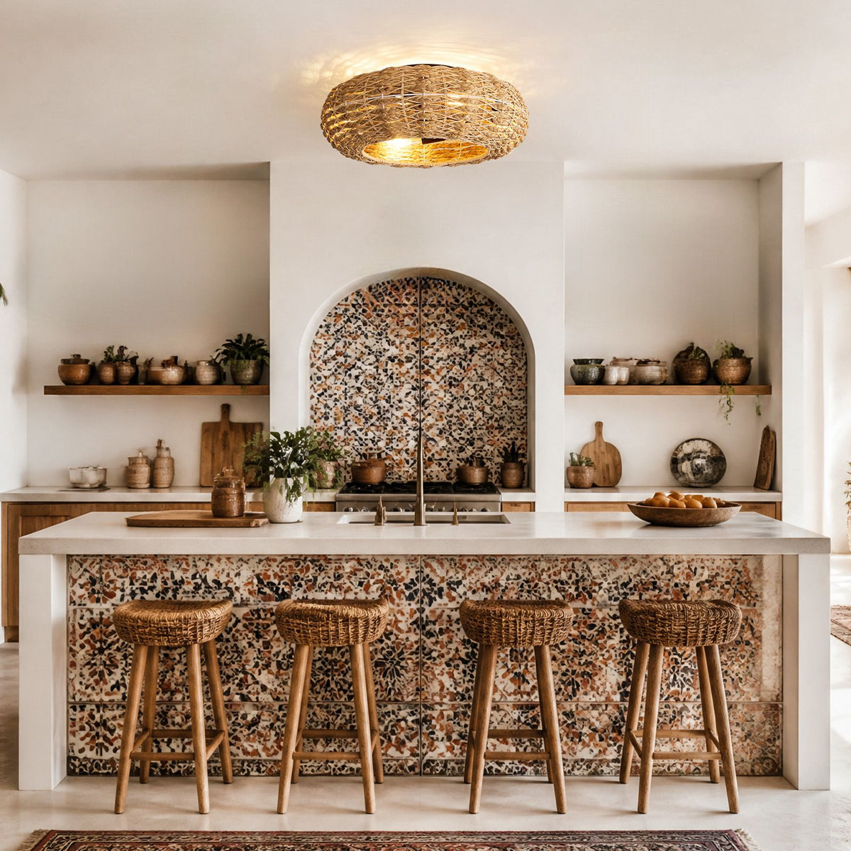 Rattan flush mount fan over kitchen island — mosaic tile, white countertop, rattan bar stools, boho kitchen lighting | Sofary Lighting