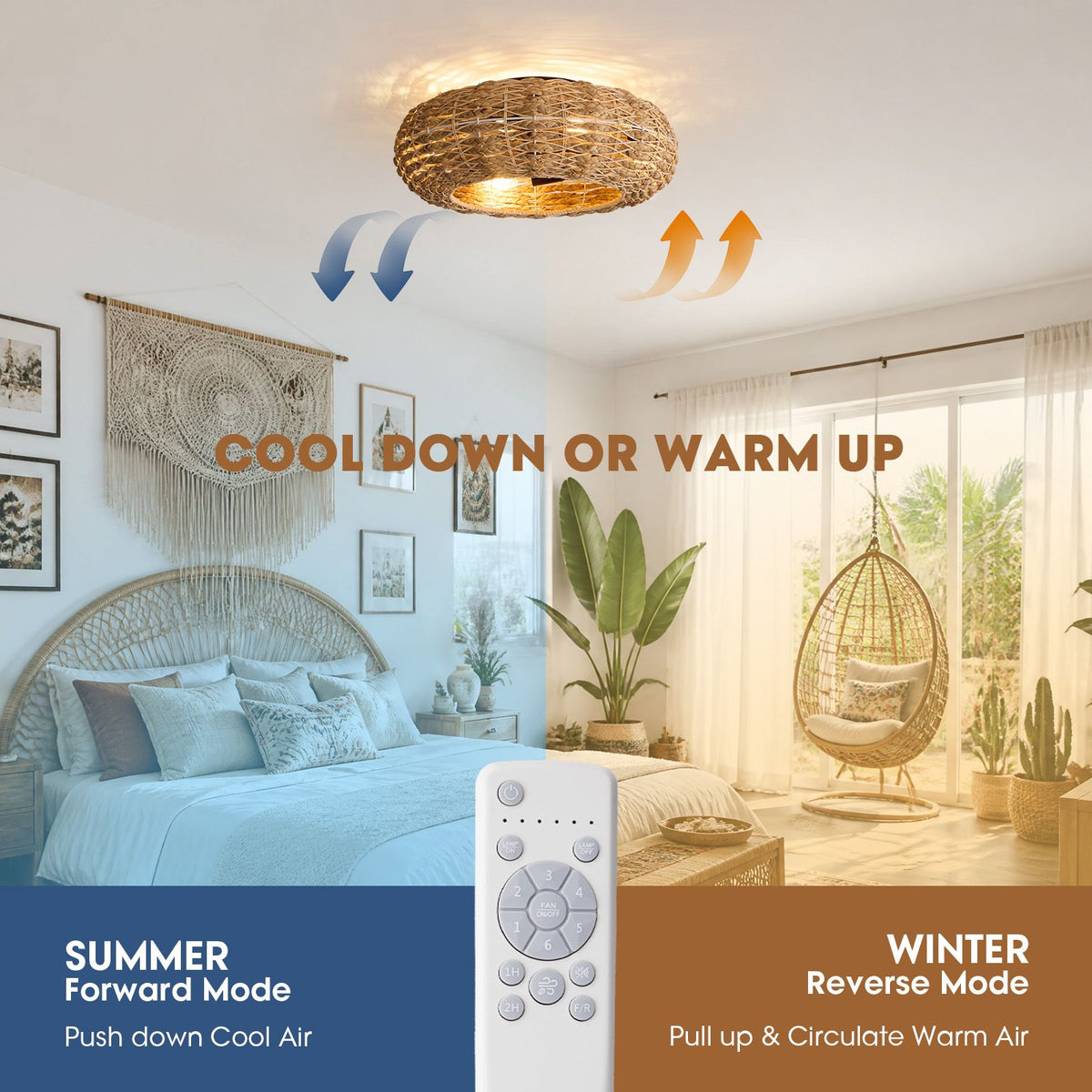 Rattan ceiling fan summer winter mode — summer forward push down cool air, winter reverse pull up circulate warm air, remote control | Sofary Lighting