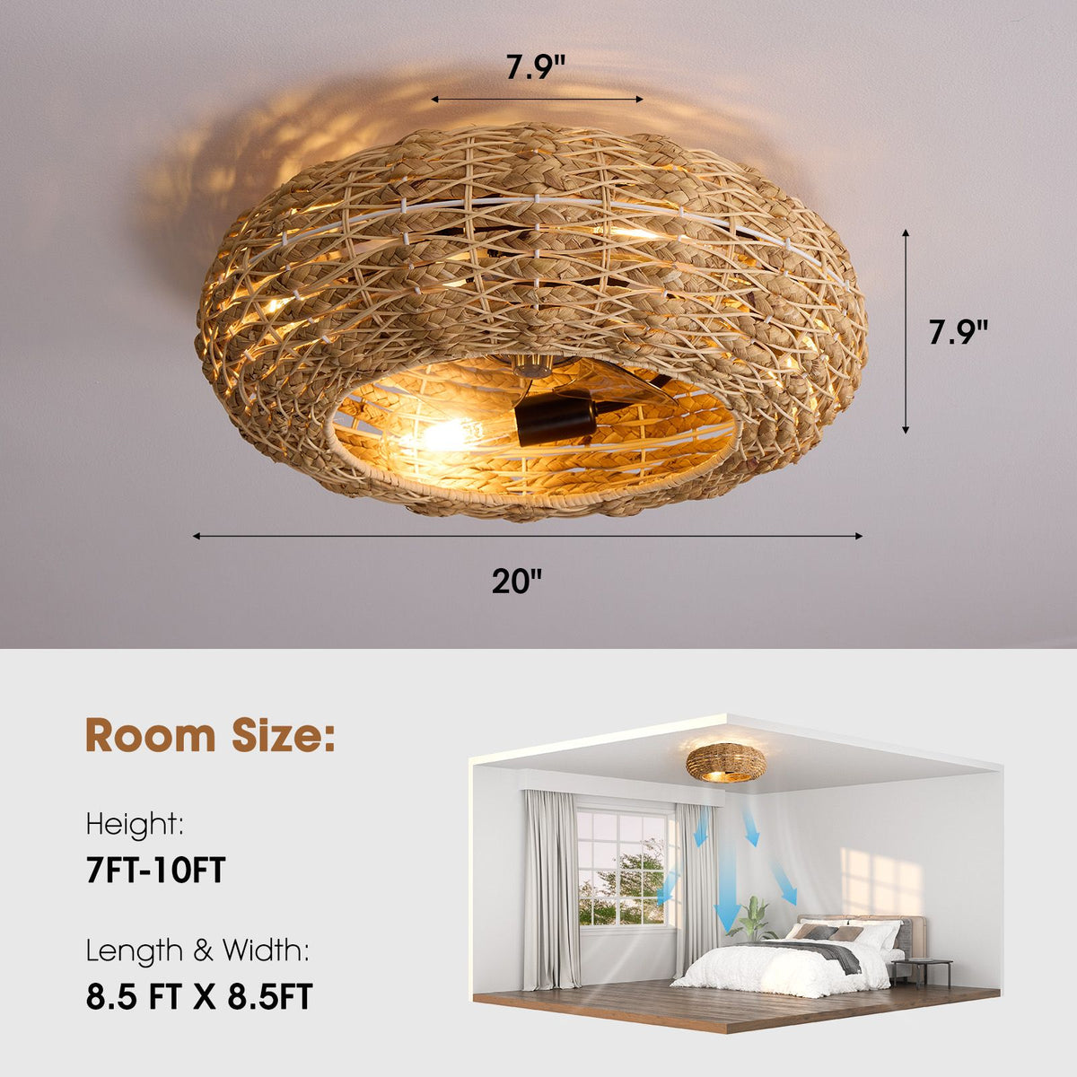 20" Boho Rattan Ceiling Fan dimensions — W 20" (50cm), H 7.9" (20cm), canopy 7.9". Ideal room size: 8.5ft x 8.5ft, ceiling height 7ft-10ft, bedroom living room use | Sofary Lighting