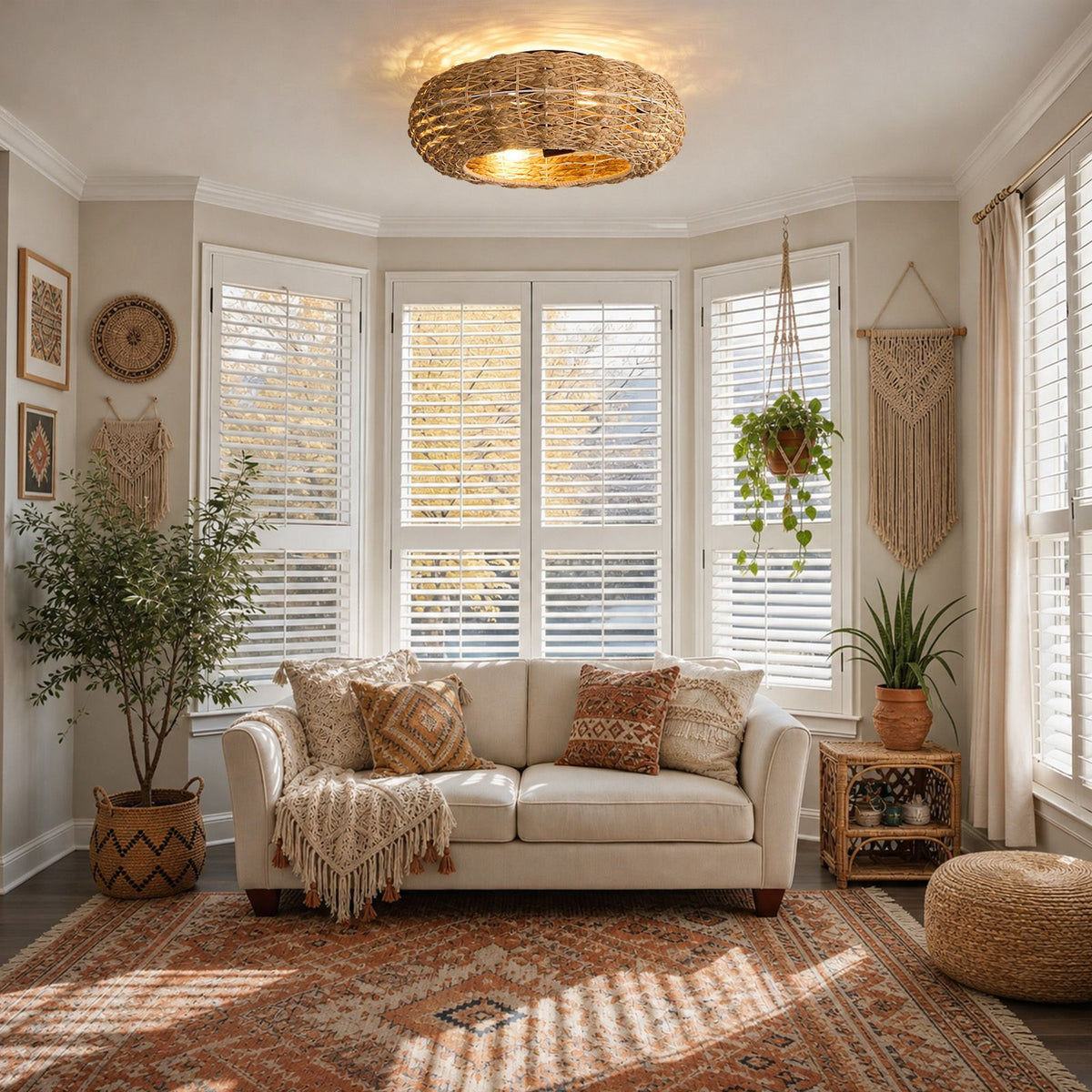 Rattan ceiling fan in living room — bay windows, beige sofa, macrame decor, rattan pouf, warm natural light, boho style | Sofary Lighting