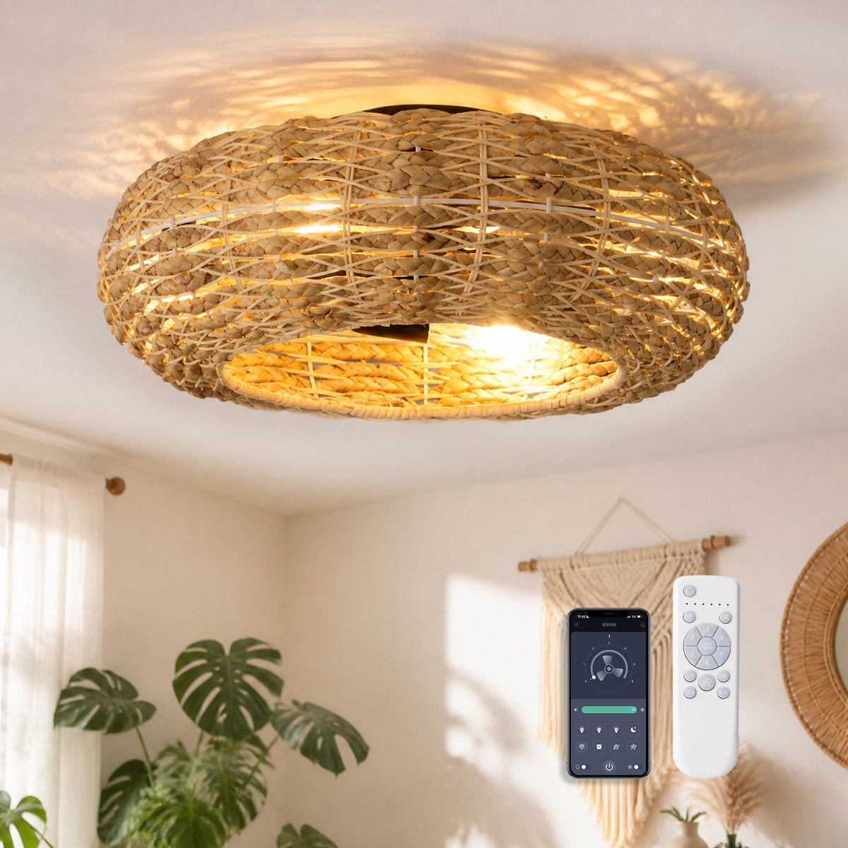 20" Boho Rattan Flush Mount Ceiling Fan with Light — woven rattan shade, warm LED glow, remote & app control, ceiling fan light fixture | Sofary Lighting