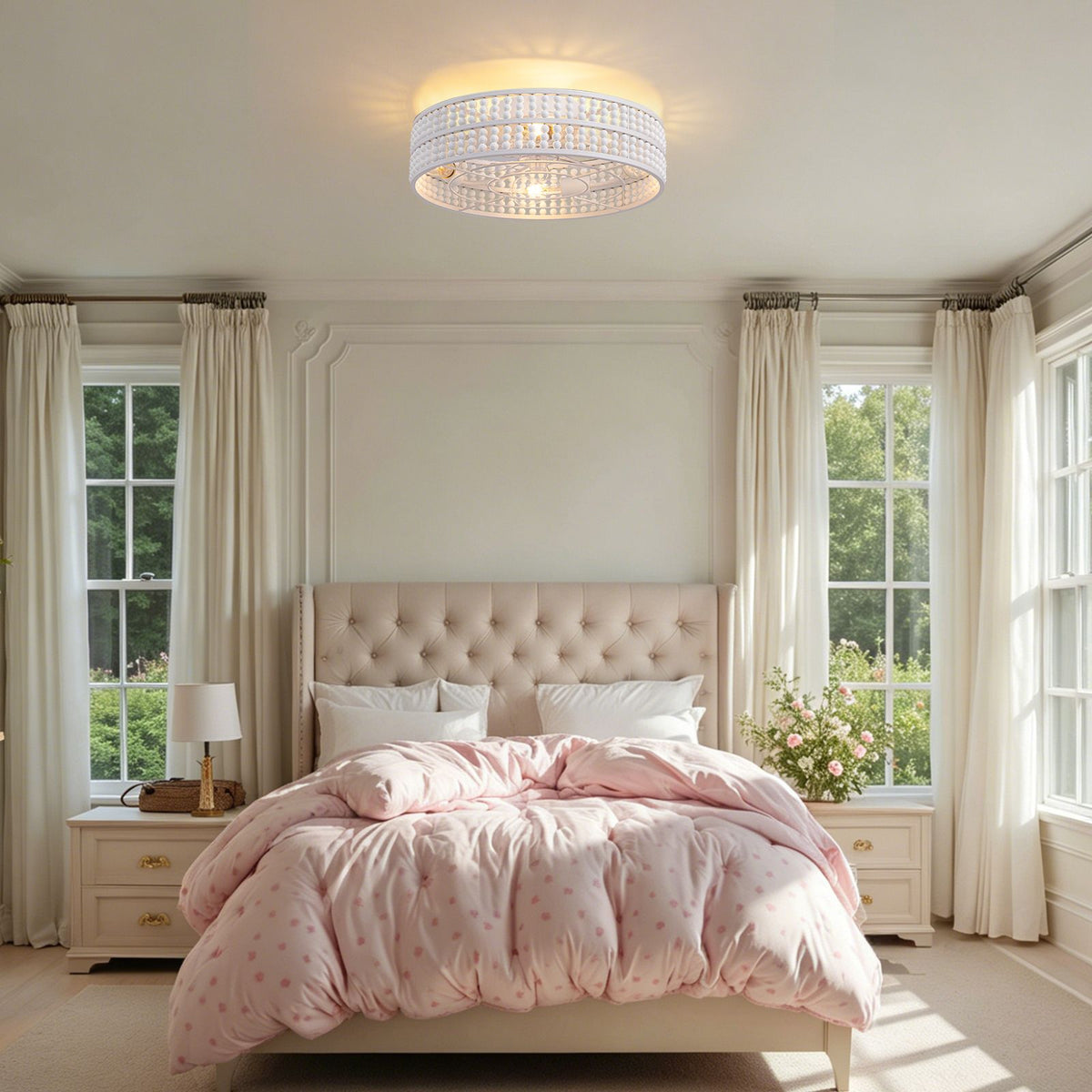 Boho white wood beaded ceiling fan in pink bedroom — tufted headboard, natural light, cozy feminine farmhouse decor | Sofary Lighting