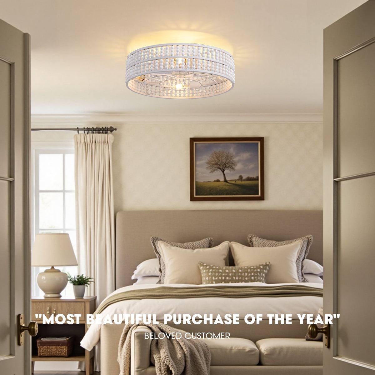 "Most beautiful purchase of the year" — customer loved boho white wood beaded ceiling fan in elegant bedroom, warm lighting, cozy decor | Sofary Lighting