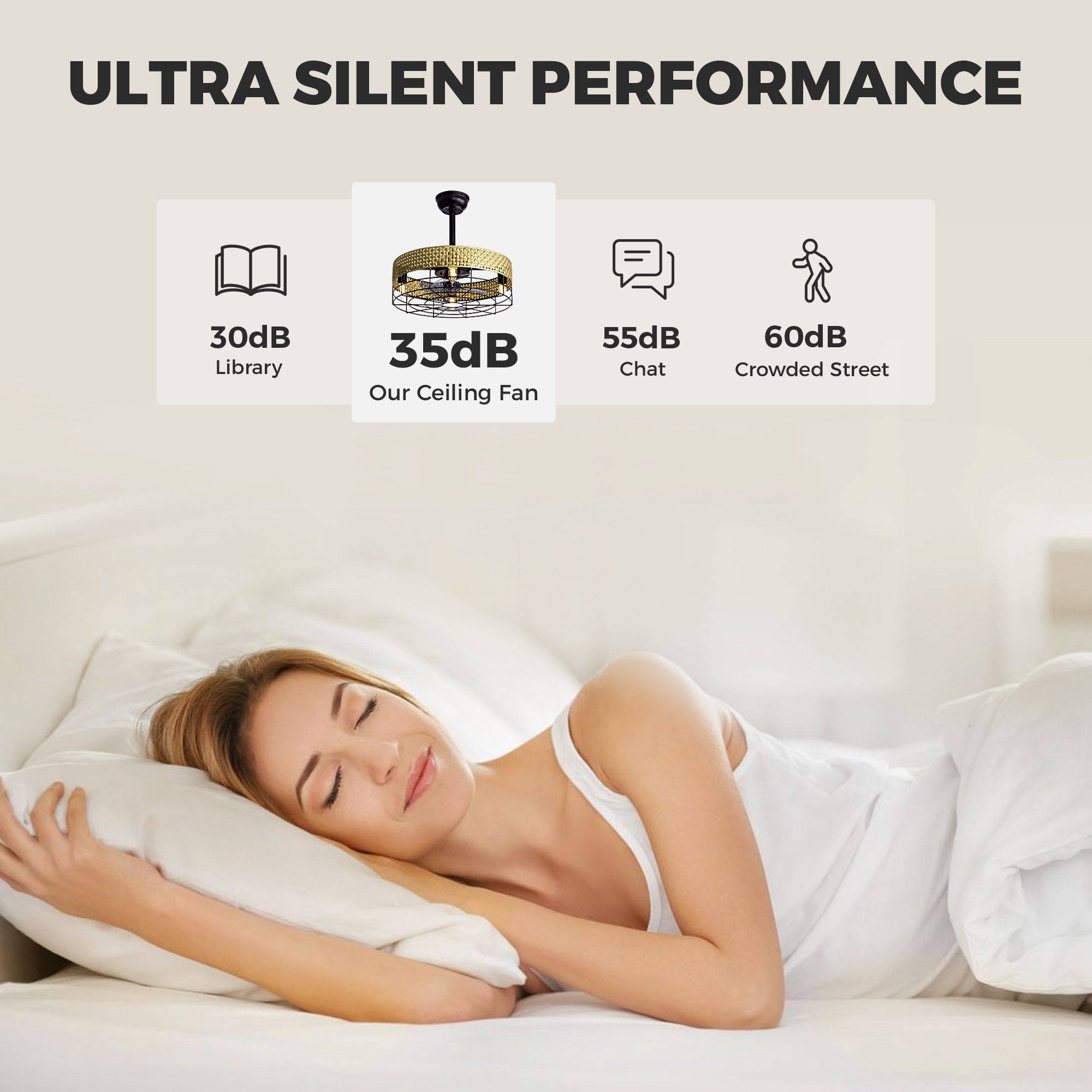 Ultra silent boho ceiling fan performance — 35dB low noise vs library 30dB chat 55dB street 60dB, quiet sleep bedroom scene | Sofary Lighting
