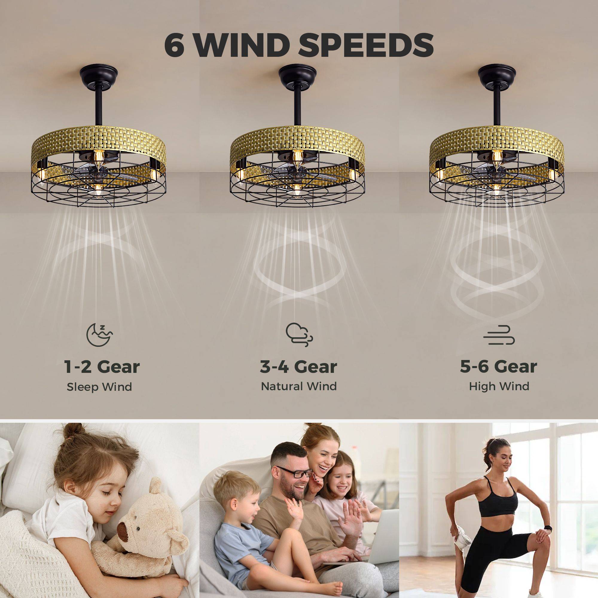 Boho rattan caged ceiling fan 6 wind speeds — 1-2 gear sleep wind, 3-4 gear natural wind, 5-6 gear high wind, family lifestyle scenes | Sofary Lighting
