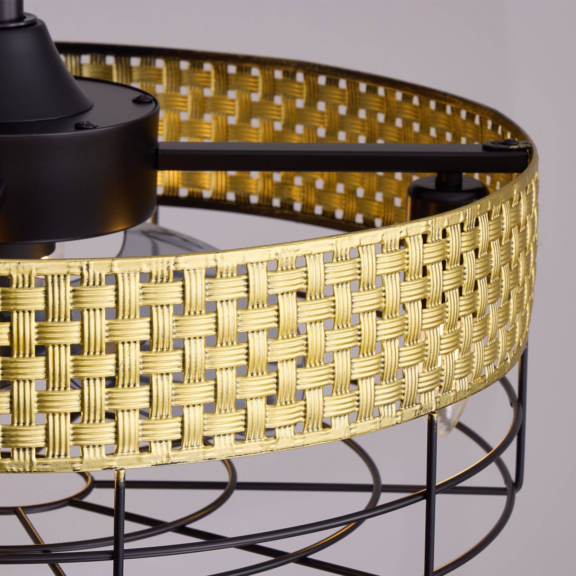 Close-up of hand-woven rattan weave texture — gold woven pattern, square cutout details, boho coastal craftsmanship, metal cage accent | Sofary Lighting