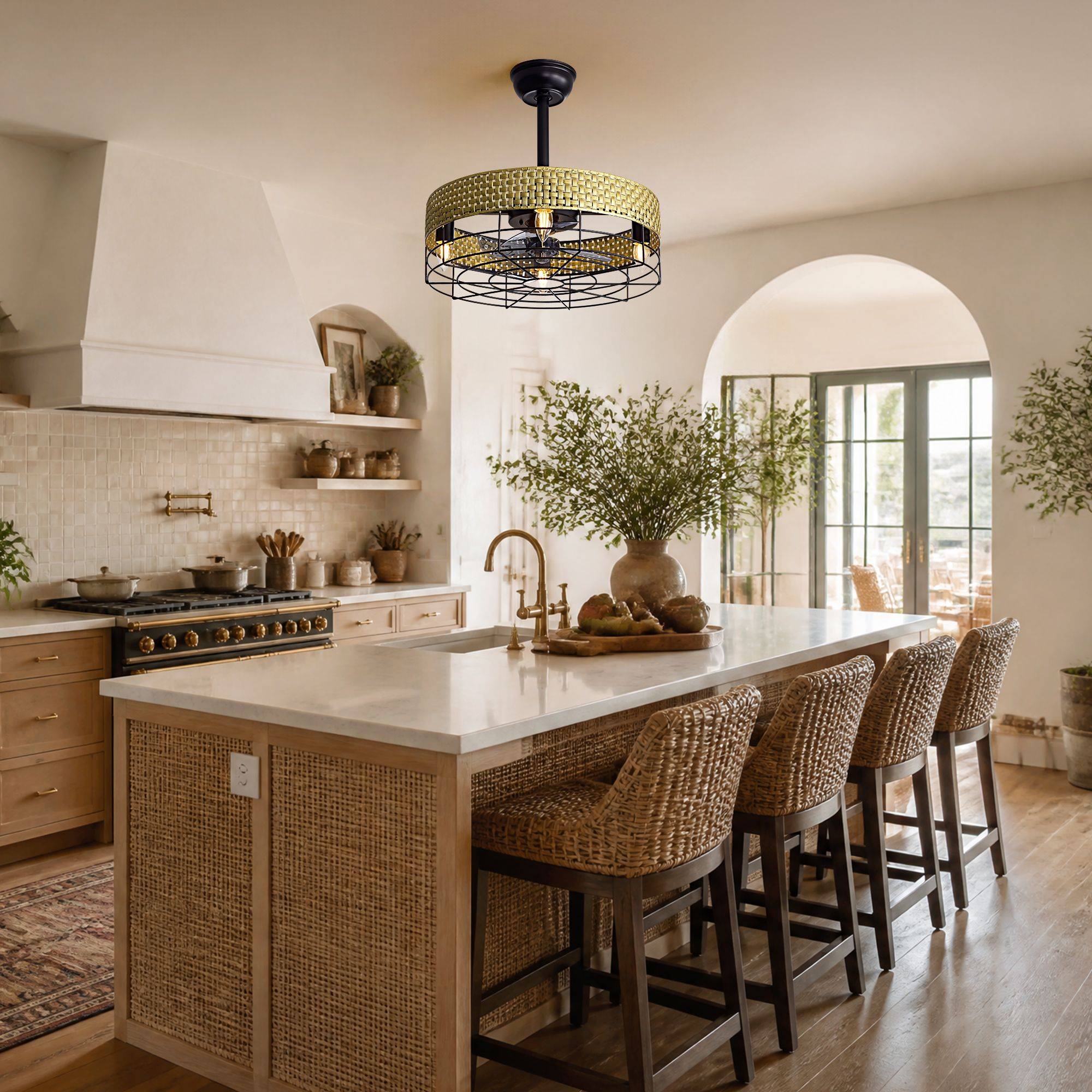 Boho woven ceiling fan over kitchen island — white countertop, woven bar stools, arched window, warm kitchen natural light | Sofary Lighting