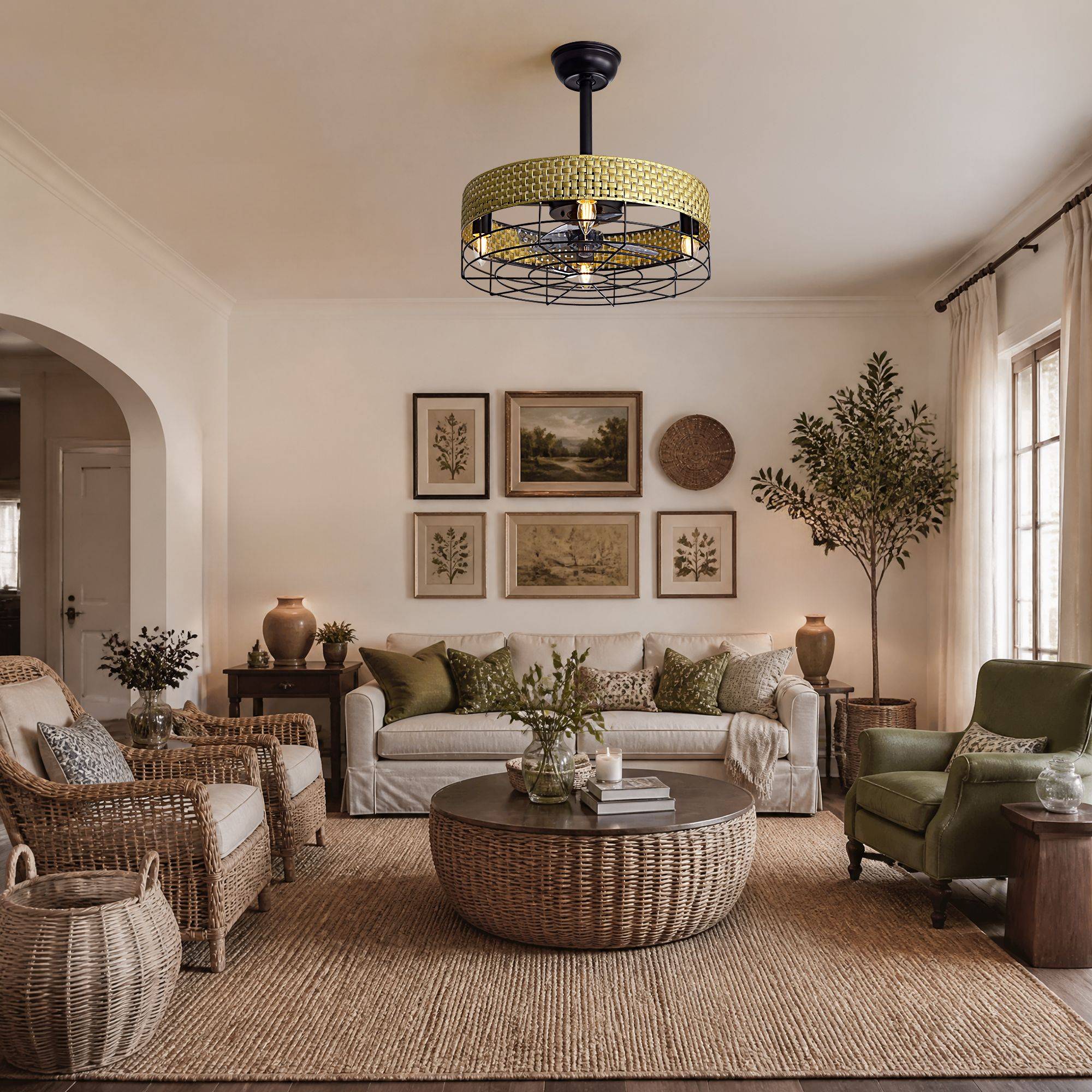 Boho rattan ceiling fan in living room — wicker chairs, round rattan coffee table, olive green sofa, gallery wall, coastal farmhouse decor | Sofary Lighting