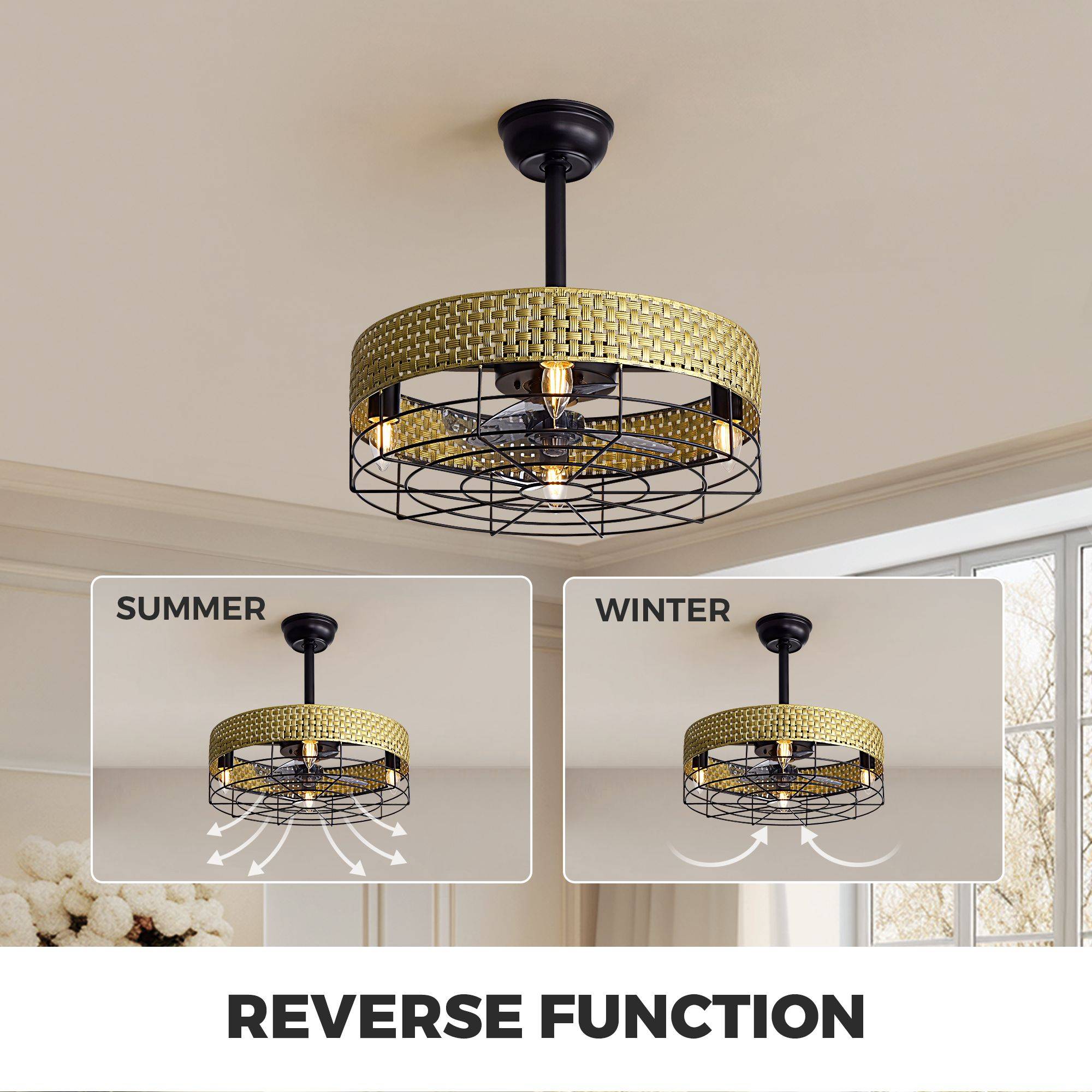 Rattan ceiling fan reverse function — summer cooling airflow down, winter warm air circulation up, reversible DC motor, all-season comfort | Sofary Lighting