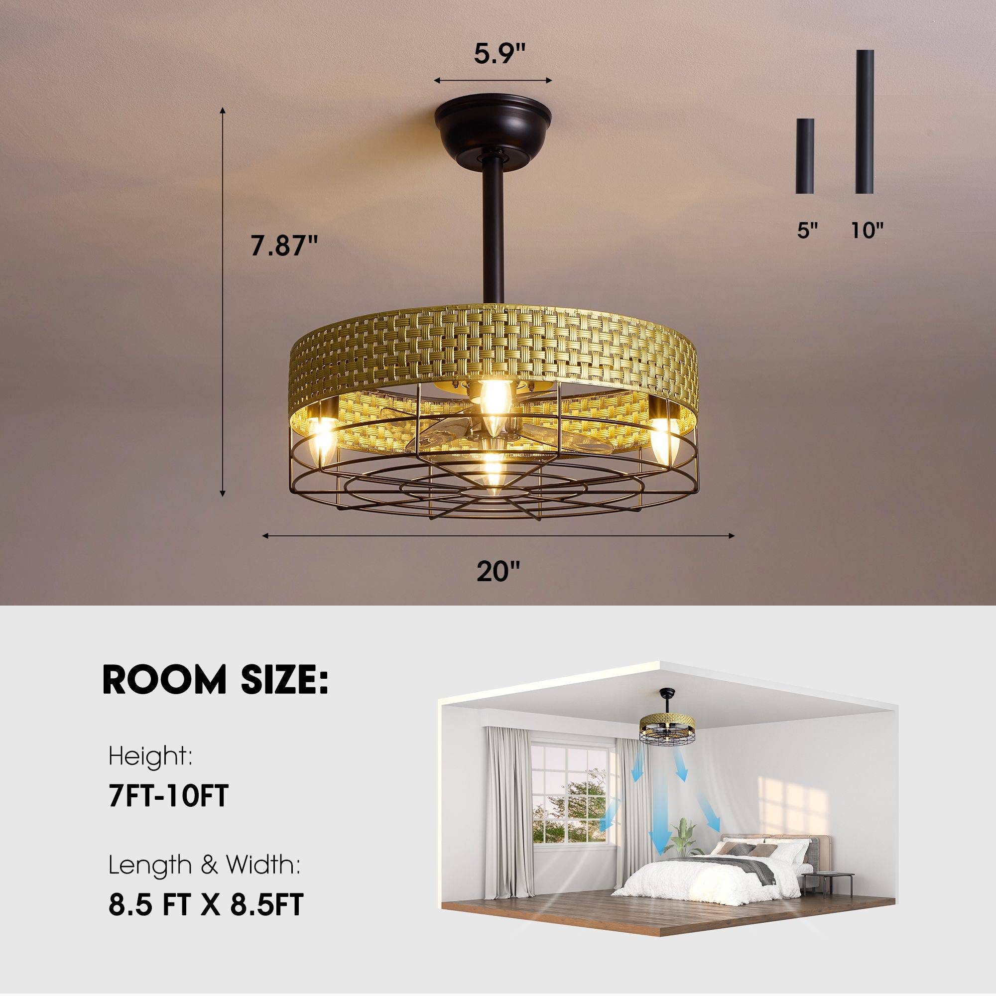 20" Boho Woven Rattan Ceiling Fan dimensions — 20" diameter, 7.87" height, 5.9" canopy, downrod options 5" & 10", suitable room height 7-10FT, room size 8.5FT x 8.5FT, airflow diagram | Sofary Lighting
