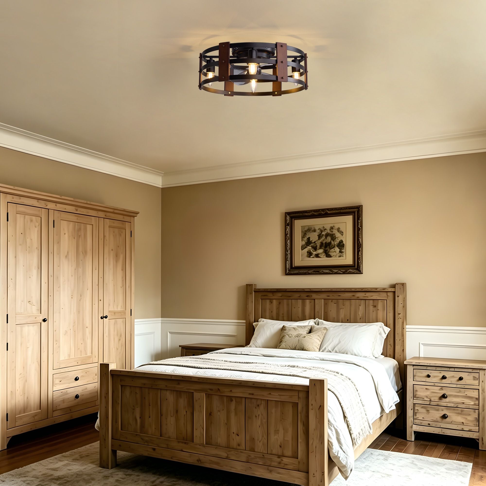 20" caged ceiling fan in rustic bedroom — solid wood bed frame, matching wardrobe and nightstand, cozy farmhouse interior | Sofary Lighting