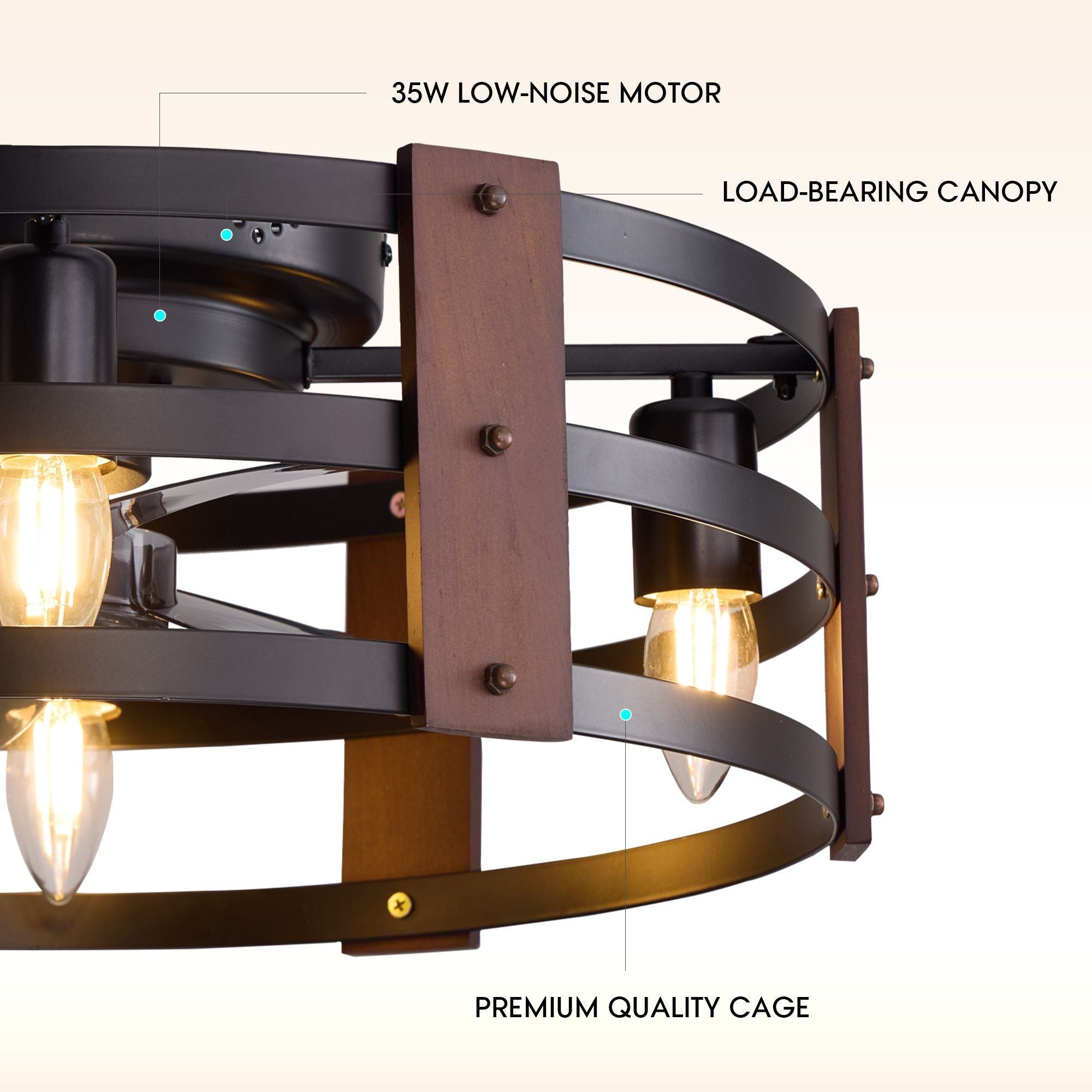 Close-up of caged fan build — 35W low-noise motor, load-bearing canopy, premium quality cage, wood and metal construction with vintage bulbs | Sofary Lighting