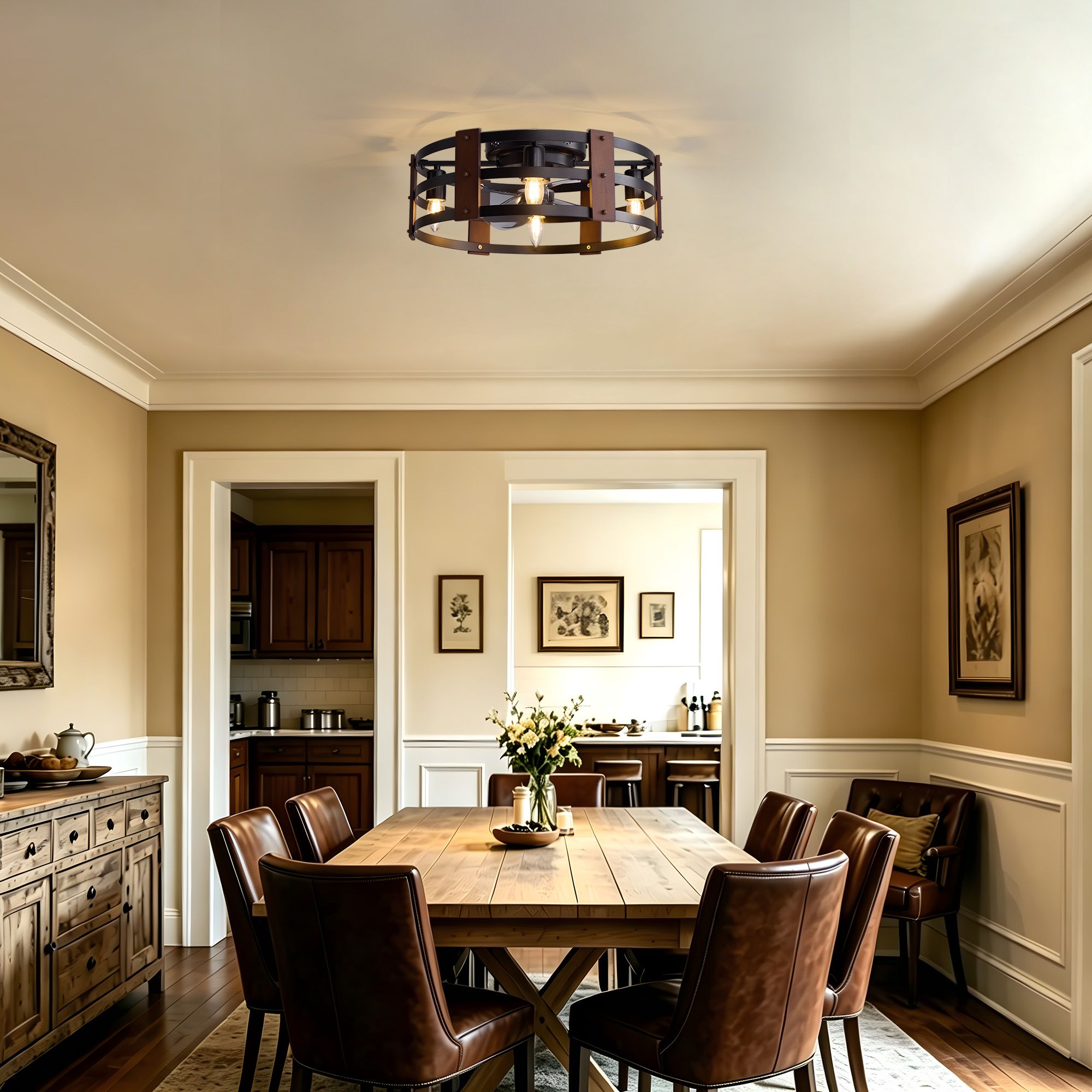 Caged ceiling fan with light in dining room — wooden table, leather chairs, wainscoting, warm ambient glow, elegant rustic setting | Sofary Lighting