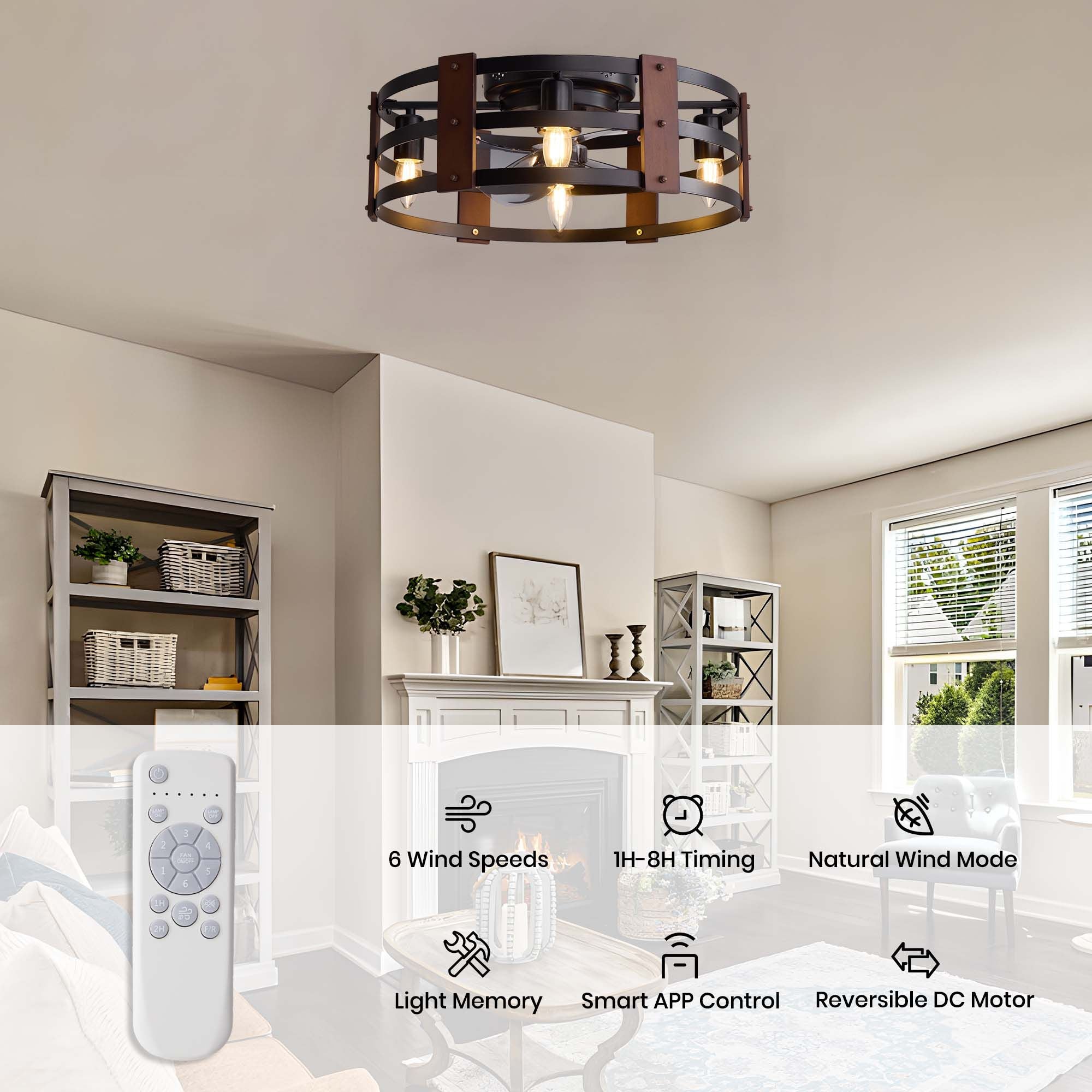 20" Caged Ceiling Fan features — 6 wind speeds, 1H-8H timing, natural wind mode, light memory, smart app control, reversible DC motor, remote control, bright living room scene | Sofary Lighting