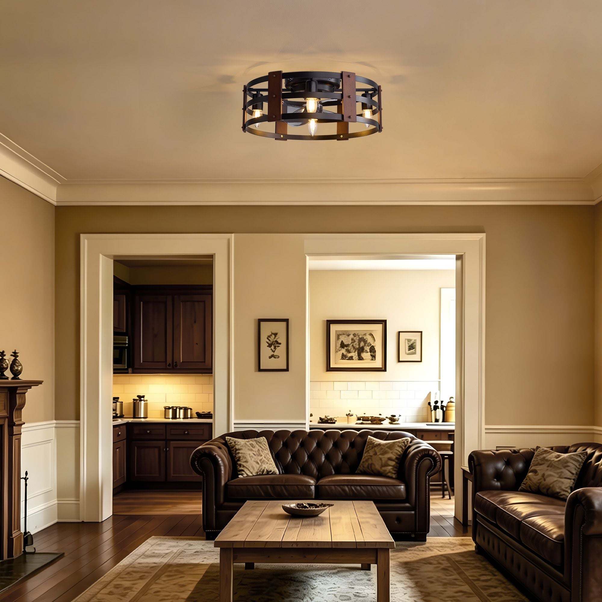 Modern caged ceiling fan in traditional living room — leather tufted sofas, wood coffee table, warm wall tones, classic home decor | Sofary Lighting
