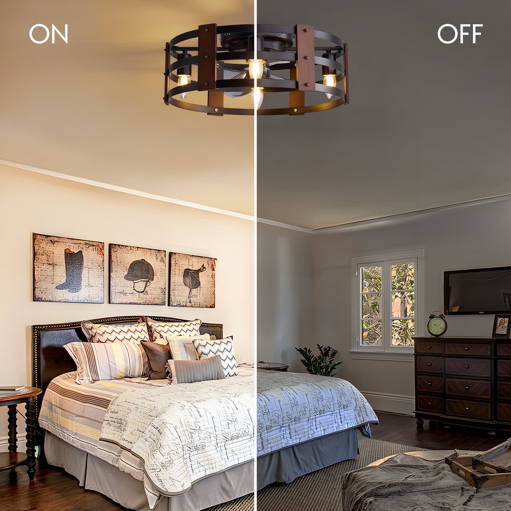 Caged ceiling fan light on vs off in bedroom — warm vintage bulb glow when on, clean farmhouse bedroom when off, light memory feature | Sofary Lighting