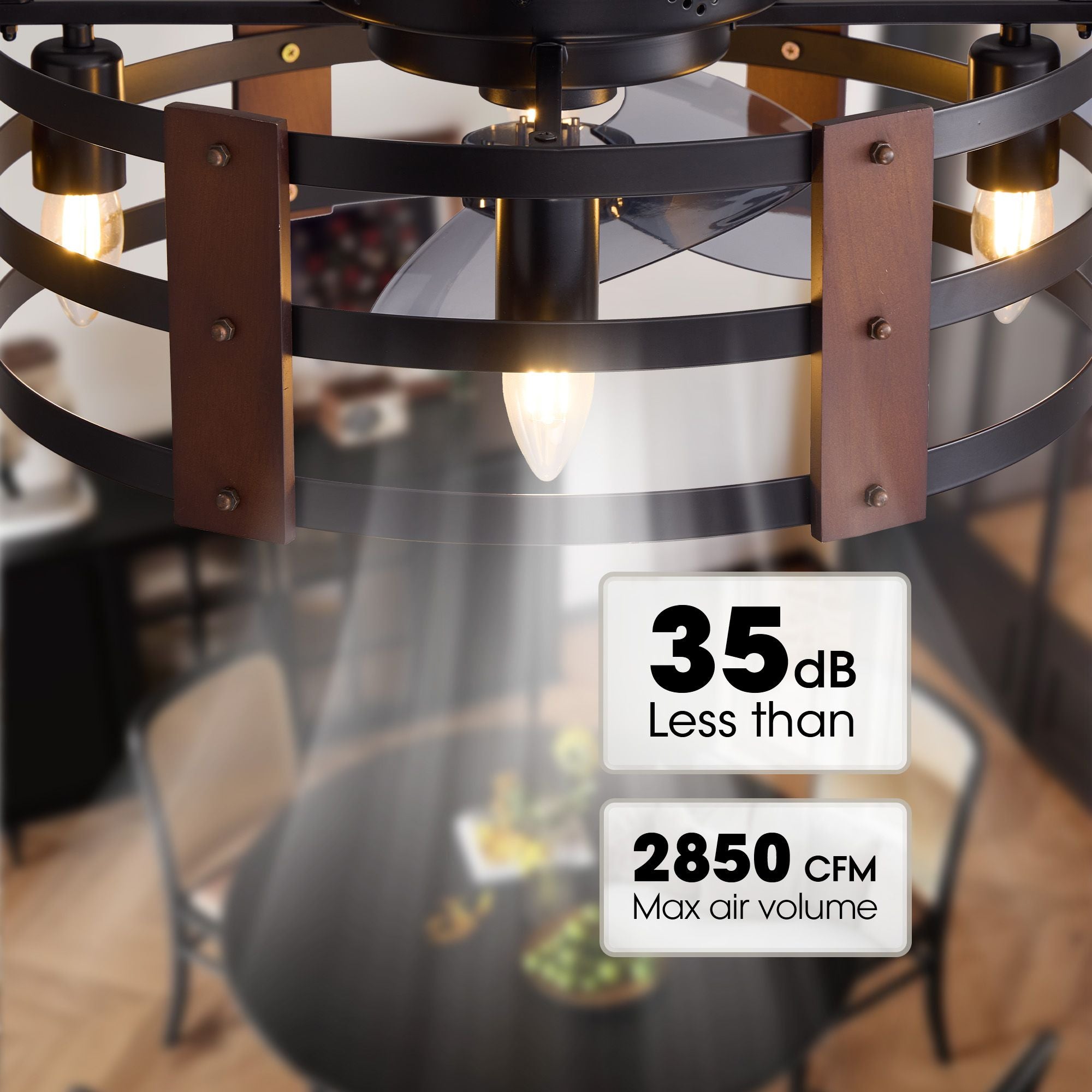 20" Modern Caged Ceiling Fan performance — less than 35dB low noise, 2850 CFM max air volume, DC motor, enclosed blades, wood and black metal cage, dining room background | Sofary Lighting