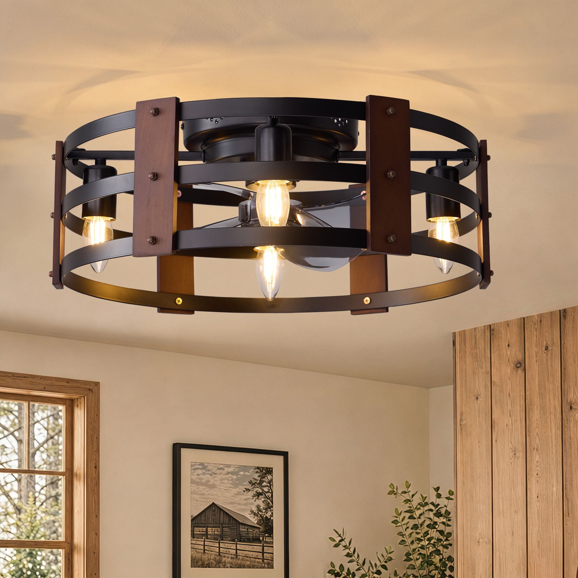 20" Modern Caged Ceiling Fan with Light — rustic wood accents, matte black metal cage, vintage Edison bulbs, enclosed blades, flush mount farmhouse style | Sofary Lighting