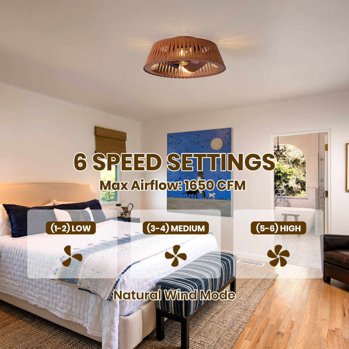 Brown caged ceiling fan 6 speed settings — speed 1-2 low, 3-4 medium, 5-6 high, natural wind mode, max airflow 1650 CFM | Sofary Lighting