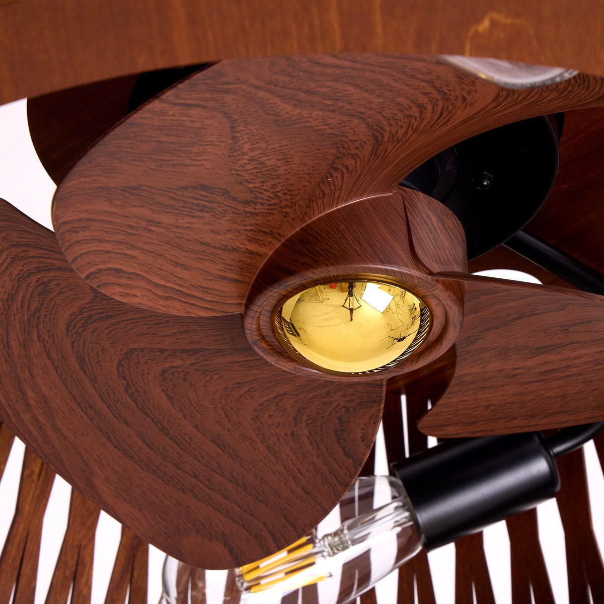 Close-up of brown caged ceiling fan — wooden blade texture, gold/brass light base, LED filament bulb, black motor housing, premium craftsmanship | Sofary Lighting