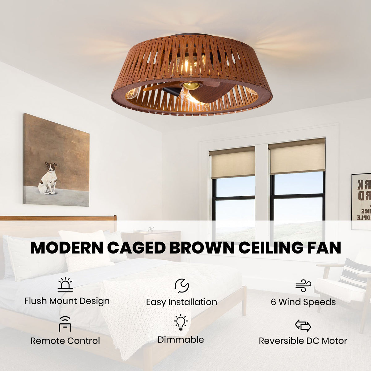 Modern brown caged ceiling fan features — flush mount design, easy installation, 6 wind speeds, remote control, dimmable light, reversible DC motor | Sofary Lighting