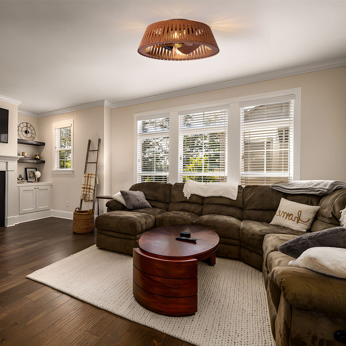 Modern brown caged fan in living room — sectional sofa, round wood coffee table, warm neutral tones, cozy living space | Sofary Lighting