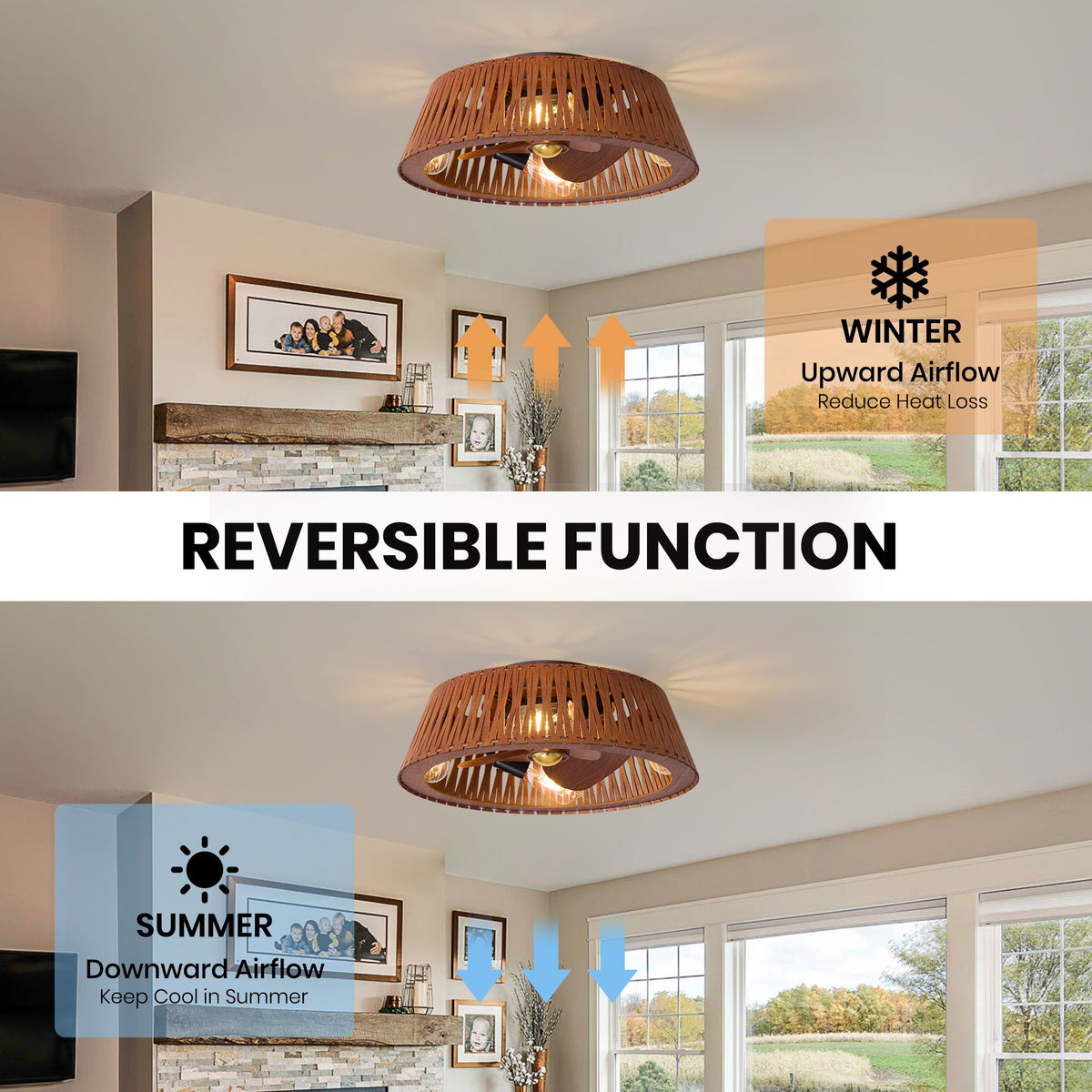 Reversible ceiling fan function — summer downward airflow keeps cool, winter upward airflow reduces heat loss, reversible DC motor, brown caged fan | Sofary Lighting