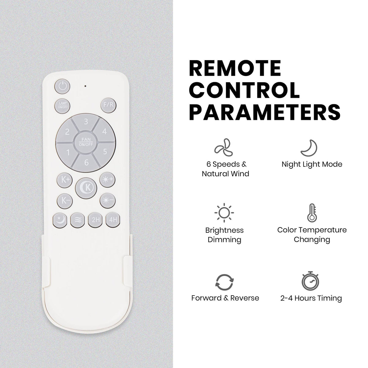 Smart ceiling fan remote control parameters — 6 speeds, natural wind, night light, brightness dimming, color temperature changing, forward & reverse, 2-4 hours timing, app control