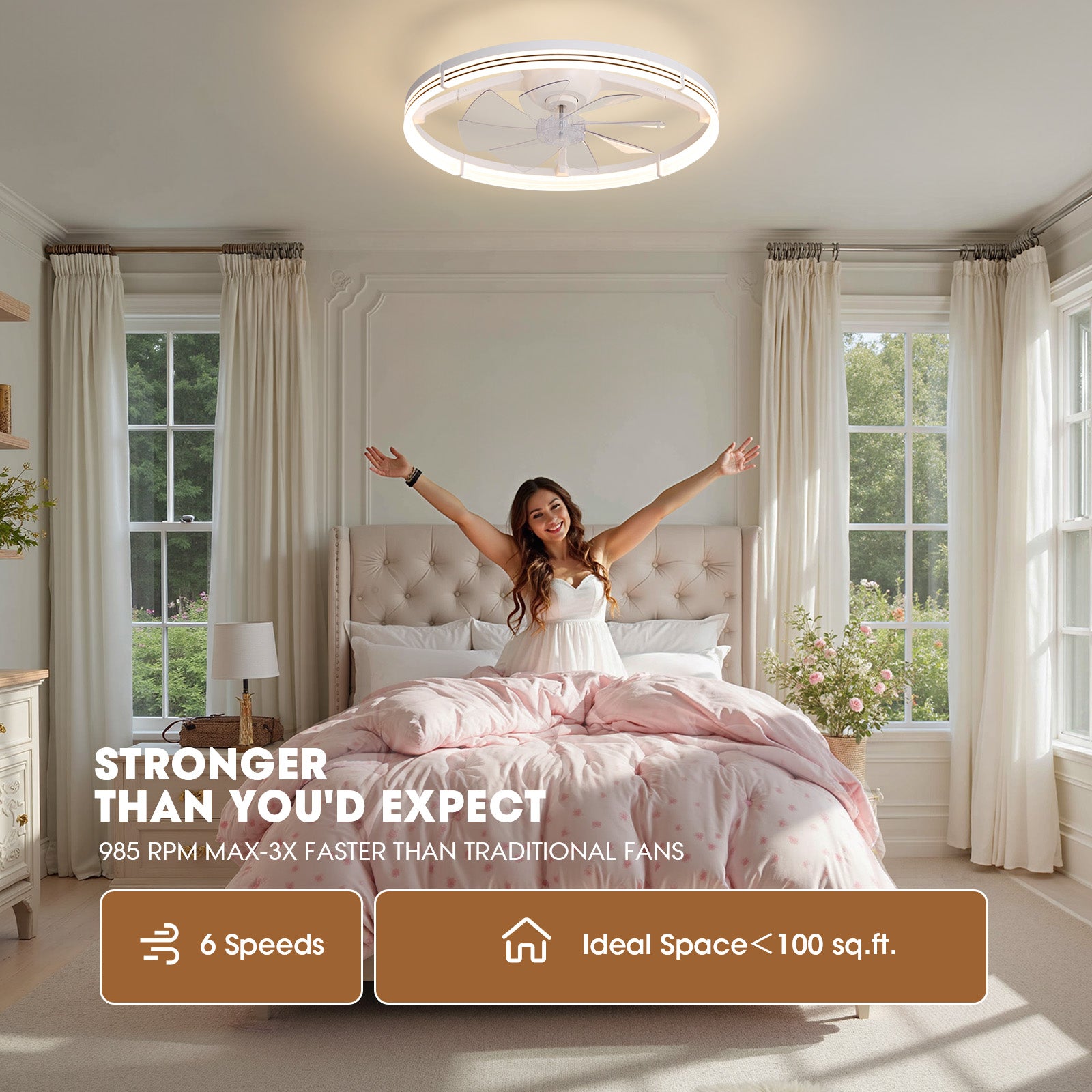 23.6" foldable ceiling fan performance — 985 RPM max, 3x faster than traditional fans, 6 speed settings, ideal space under 100 sq.ft, woman in bright bedroom scene | Sofary Lighting