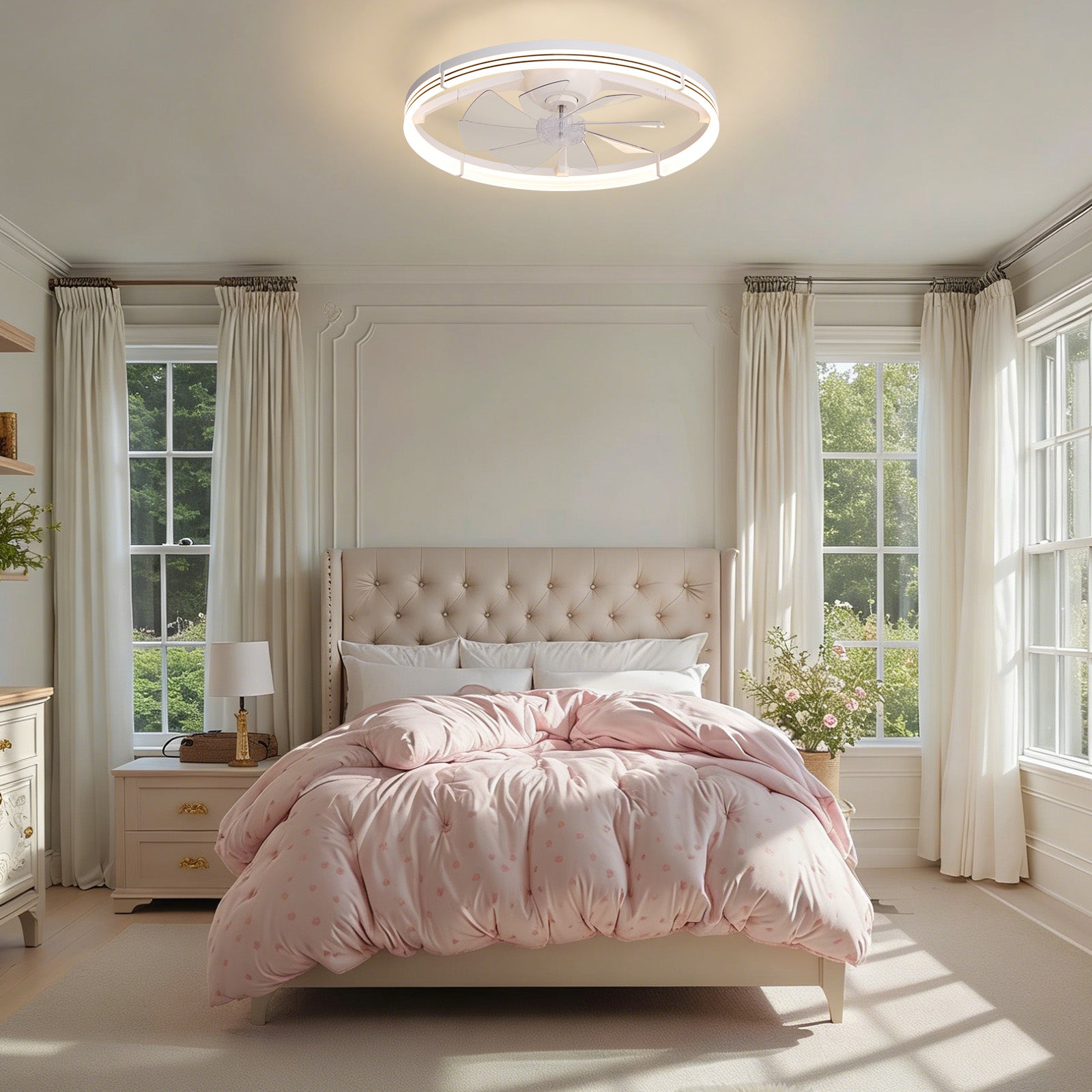 White foldable ceiling fan in elegant bedroom — pink polka dot bedding, beige tufted headboard, white grid windows, soft natural light, cozy modern decor | Sofary Lighting