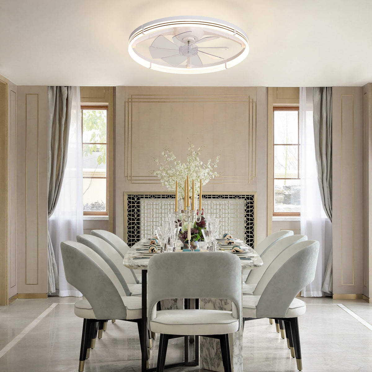 White foldable ceiling fan in modern luxury dining room — marble round table, cream upholstered chairs, black gold legs, wainscoting walls, warm LED glow | Sofary Lighting