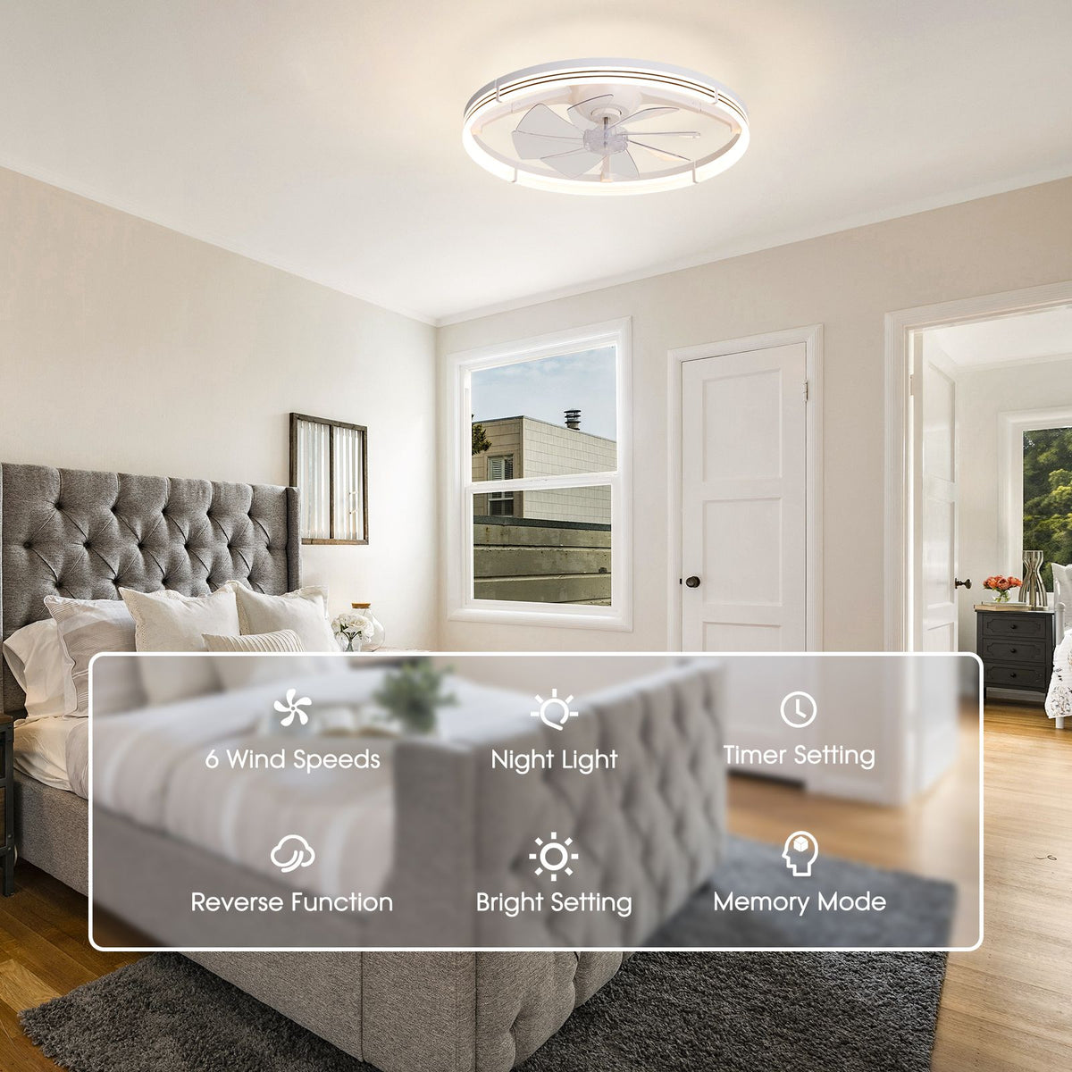 23.6" Modern White Foldable Ceiling Fan features — 6 wind speeds, night light, timer setting, reverse function, bright setting, memory mode, remote control, low profile modern design | Sofary Lighting