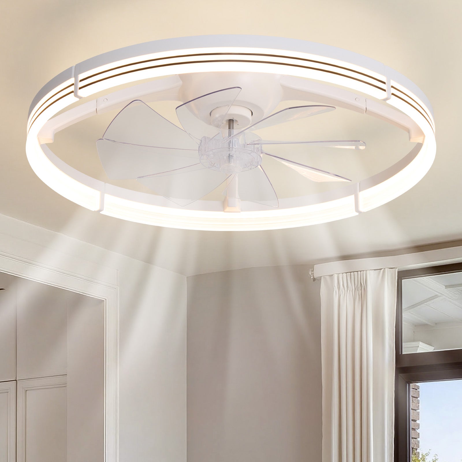 23.6" Modern White Foldable Ceiling Fan with LED Light — white round flush mount body, glowing LED ring, transparent foldable blades, bright modern bedroom with window and natural light | Sofary Lighting
