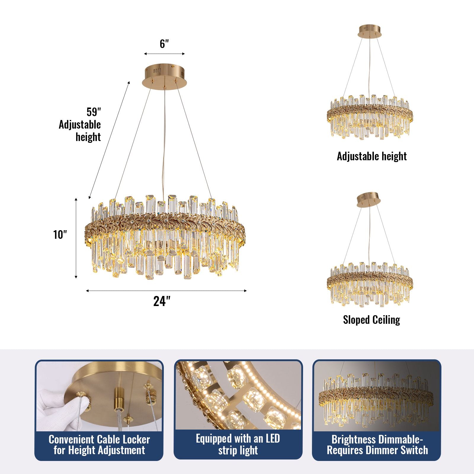 gold crystal chandelier size diagram with adjustable hanging height 24 inch round led chandelier dimensions and ceiling compatibility | Sofary Lighting
