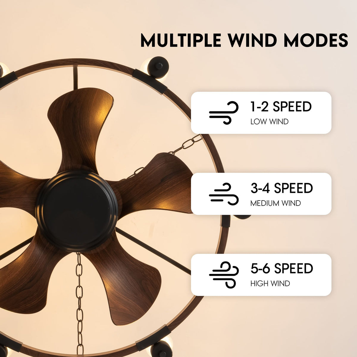 6-speed wind modes ceiling fan — 28.3" rustic wagon wheel fandelier, low/medium/high wind, wood blades, caged design | Sofary Lighting