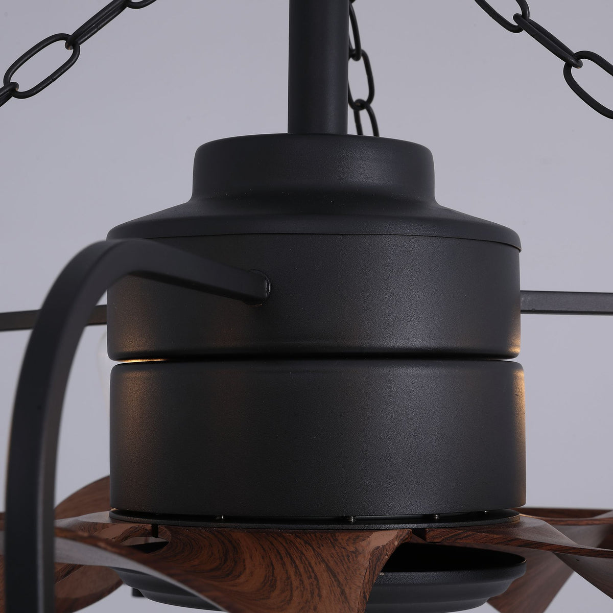 Motor and blade detail — 28.3" farmhouse caged fandelier, matte black motor, wood grain blades, sturdy metal construction | Sofary Lighting