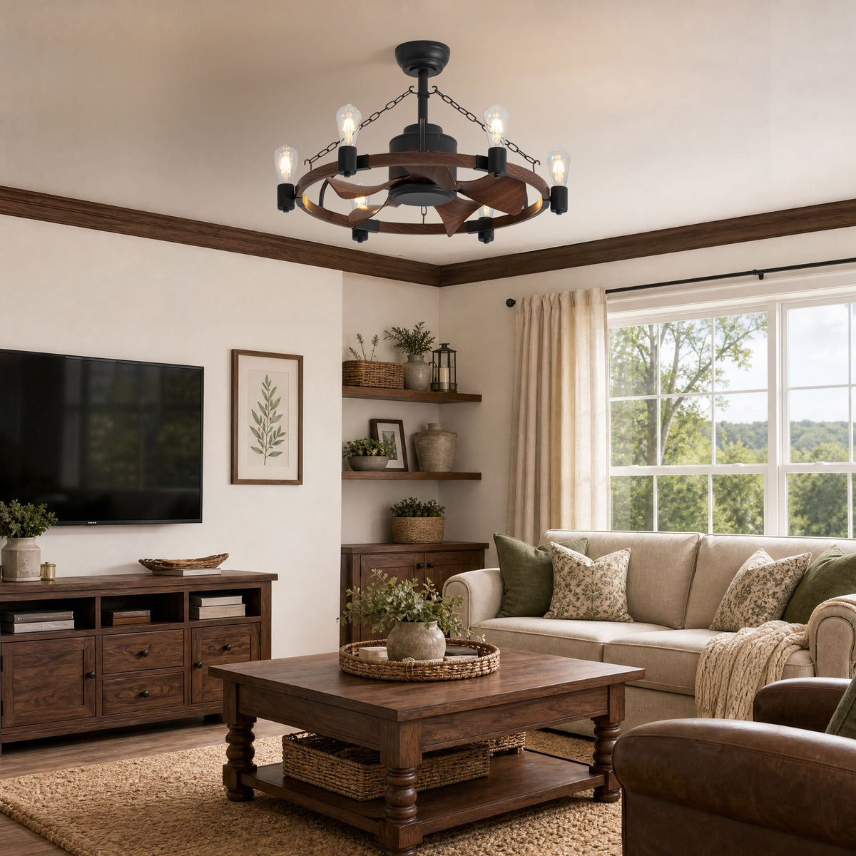 Wagon wheel fandelier in living room — 28.3" farmhouse caged ceiling fan, rustic wood metal, warm glow, cozy sofa decor | Sofary Lighting