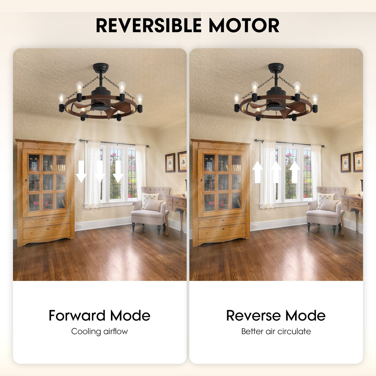 Reversible DC motor ceiling fan — forward mode cooling airflow, reverse mode better air circulate, 28.3" rustic wagon wheel fandelier | Sofary Lighting