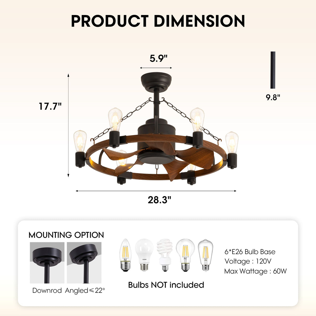28.3" farmhouse wagon wheel fandelier dimensions — 28.3" diameter, 17.7" height, 5.9" canopy, 6 E26 bulbs (not included), downrod/angled mount | Sofary Lighting