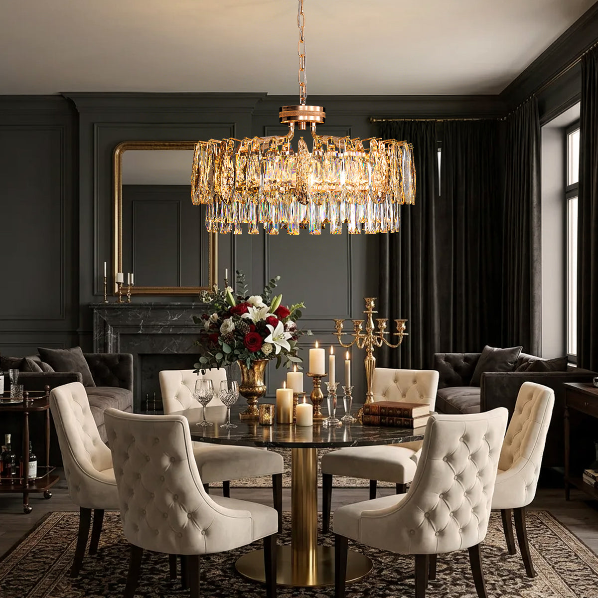 Delvienne Modern Luxury Gold Crystal Double-Tier Round Chandelier